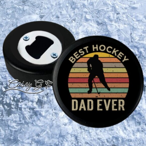 NEW*Christmas Gift for Dad*Bottle Puck Opener*Best Hockey Dad Ever - Picture 1 of 2